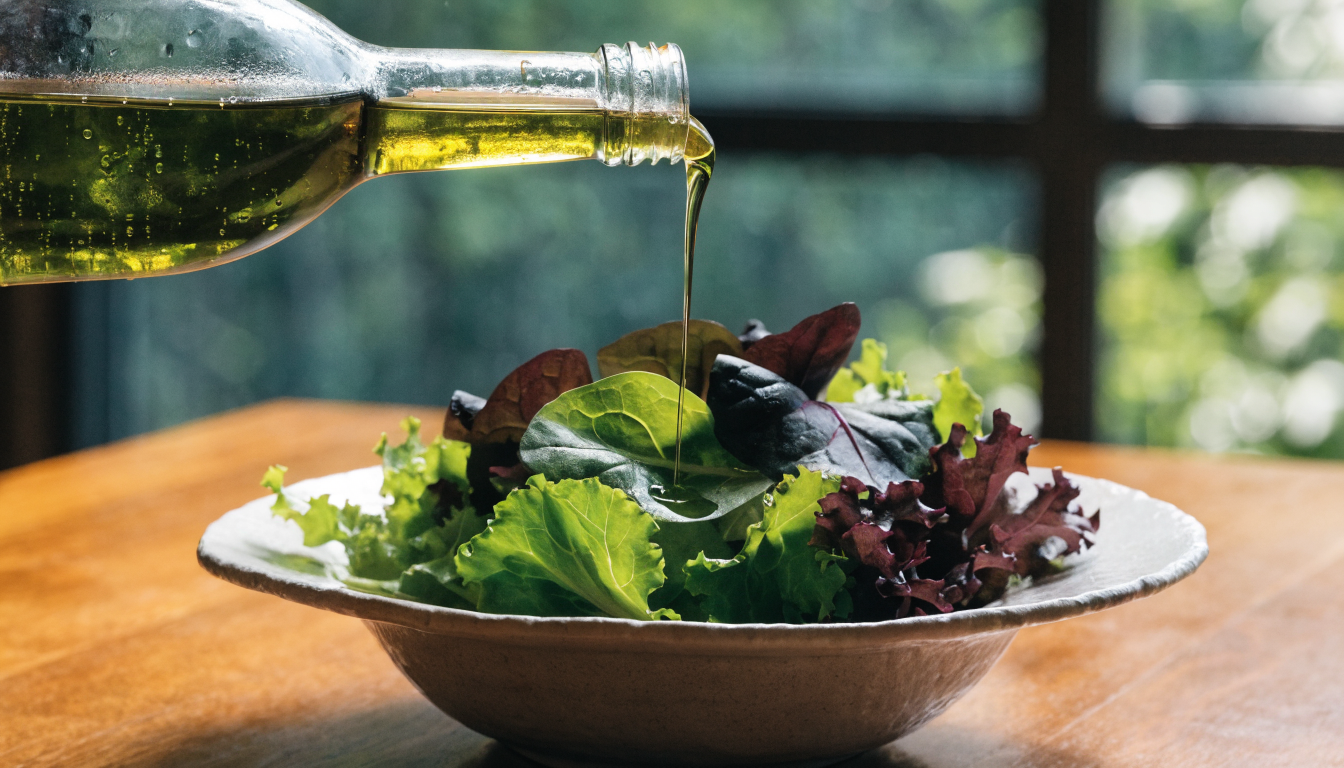 Closeup of olive oil bottle pouring over a vibrant salad greens