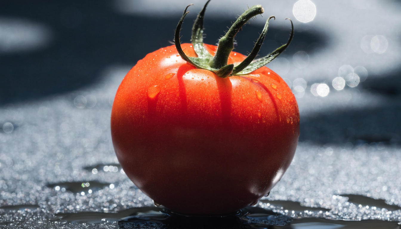 Closeup of a ripe tomato with lens flares, high-contrast lighting