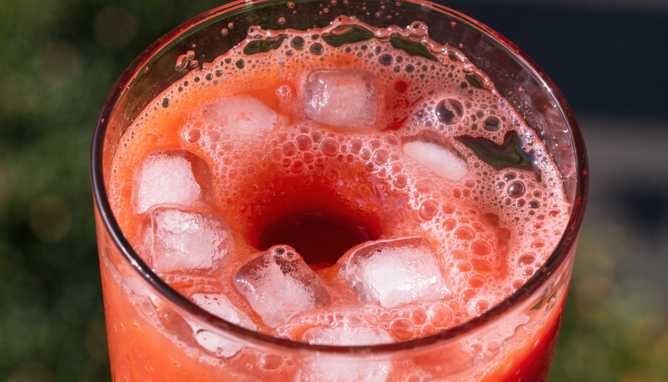 Macro shot of lycopene-rich tomato juice swirl in glass