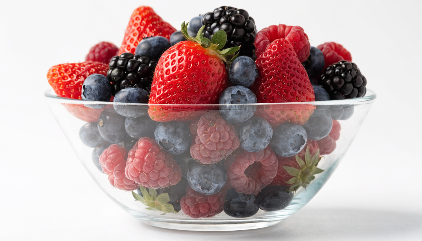Focused image of a single bowl of colorful berries on white background