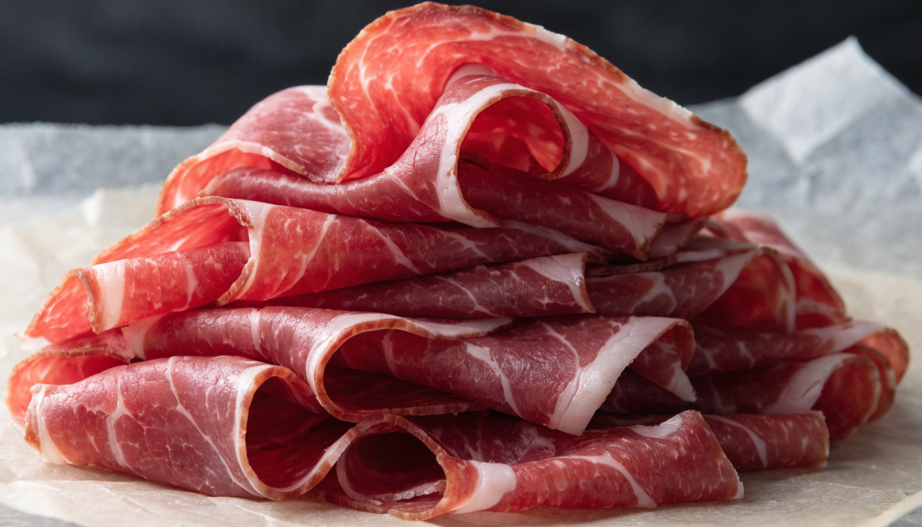 Closeup of sliced deli meat on parchment paper