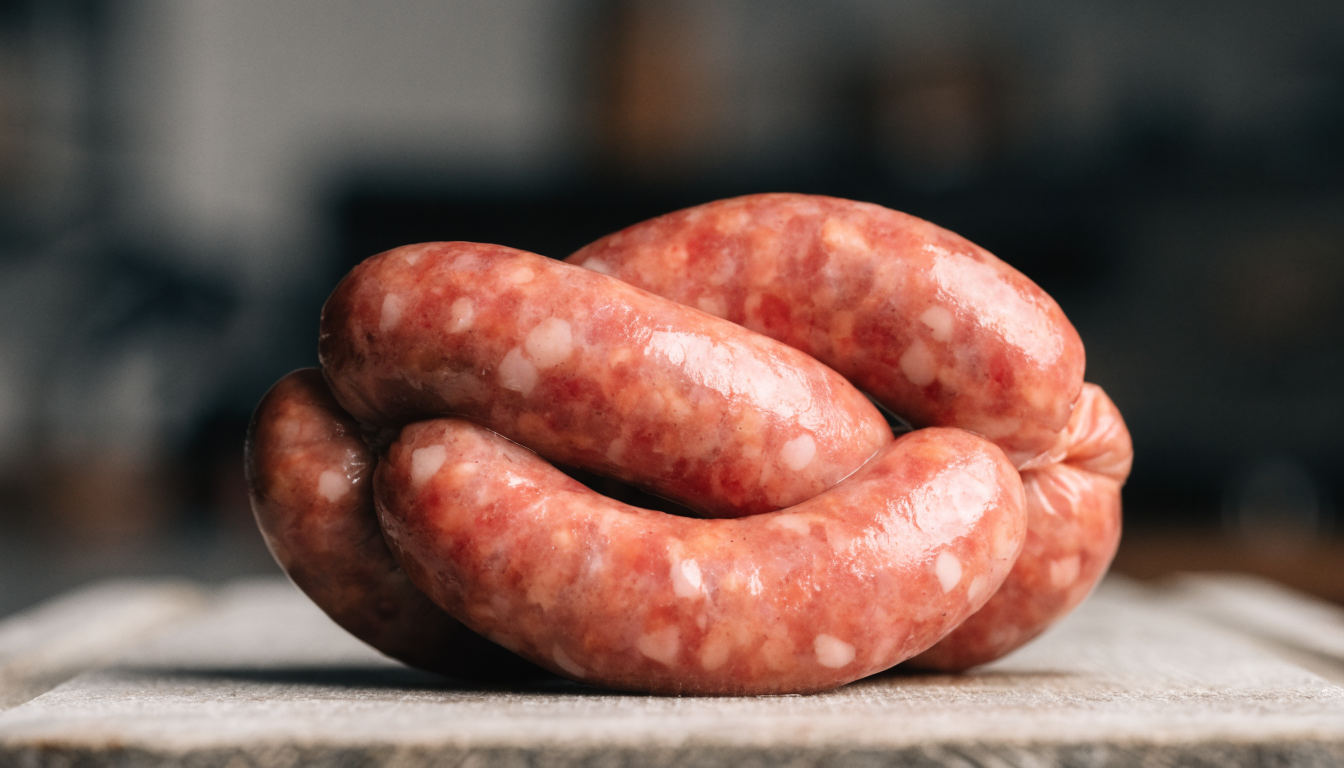 Closeup of processed meat sausage link on cutting board