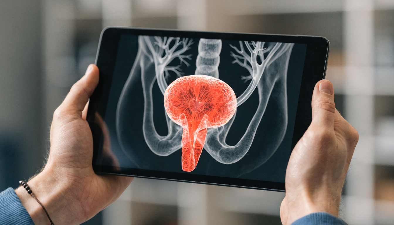 Closeup of a medical tablet displaying prostate treatment infographic, held in a clinician’s hands