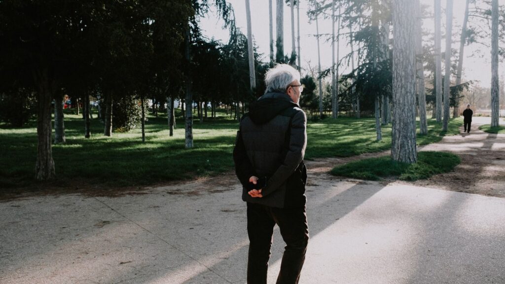 An elderly man strolls through a sunny park, surrounded by green trees.
