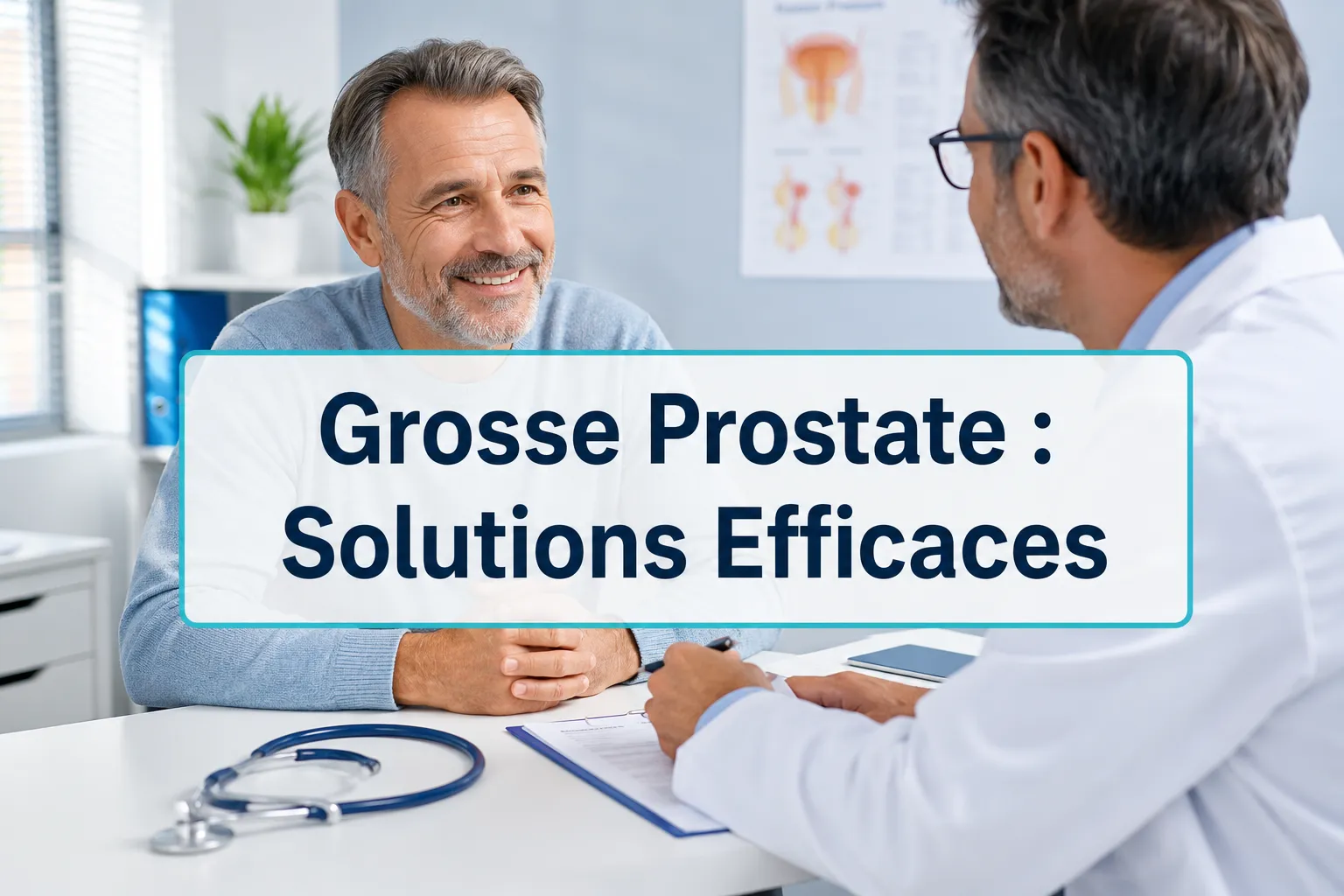 Format paysage professionnel () image de couverture avec texte superposé en gras (≤42 caractères) : 'Grosse Prostate :