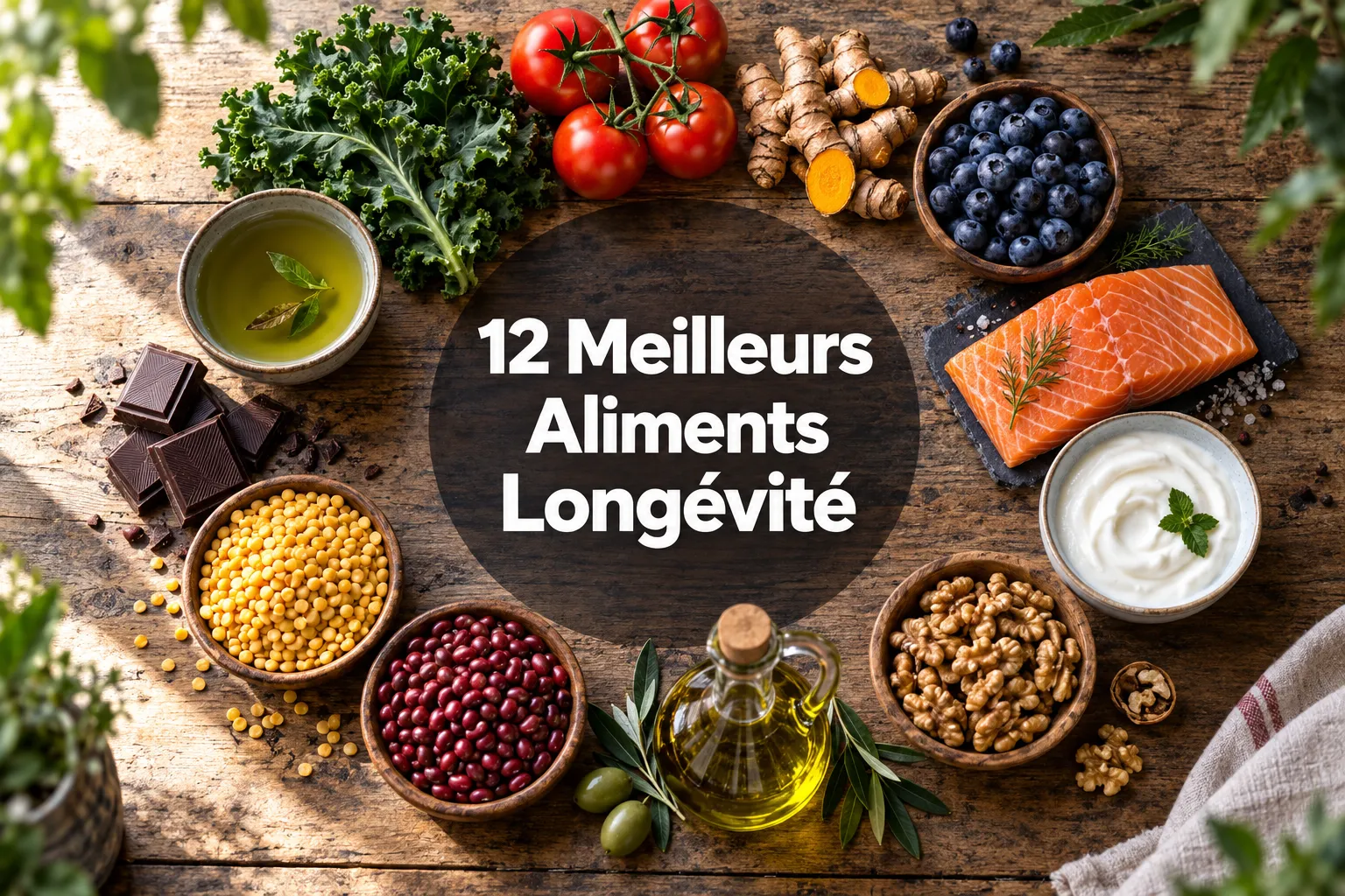 Professional () hero image with '12 Meilleurs Aliments Longévité' (≤42 chars), white on semi-transparent dark panel,