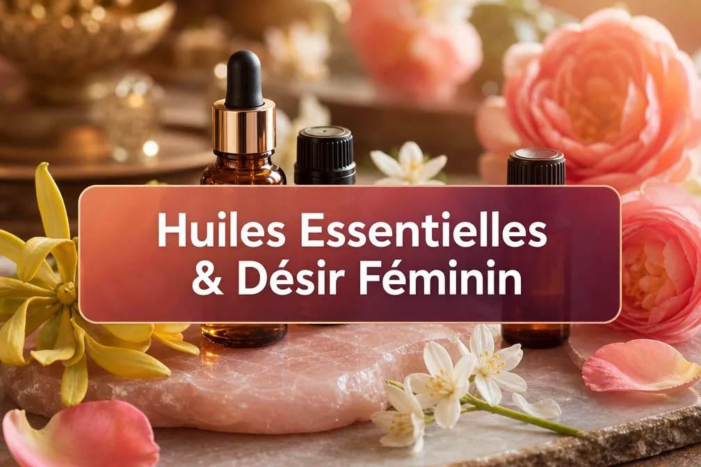 Professional () hero image with French : 'Huiles Essentielles & Désir Féminin' (≤42 chars), crisp white on a
