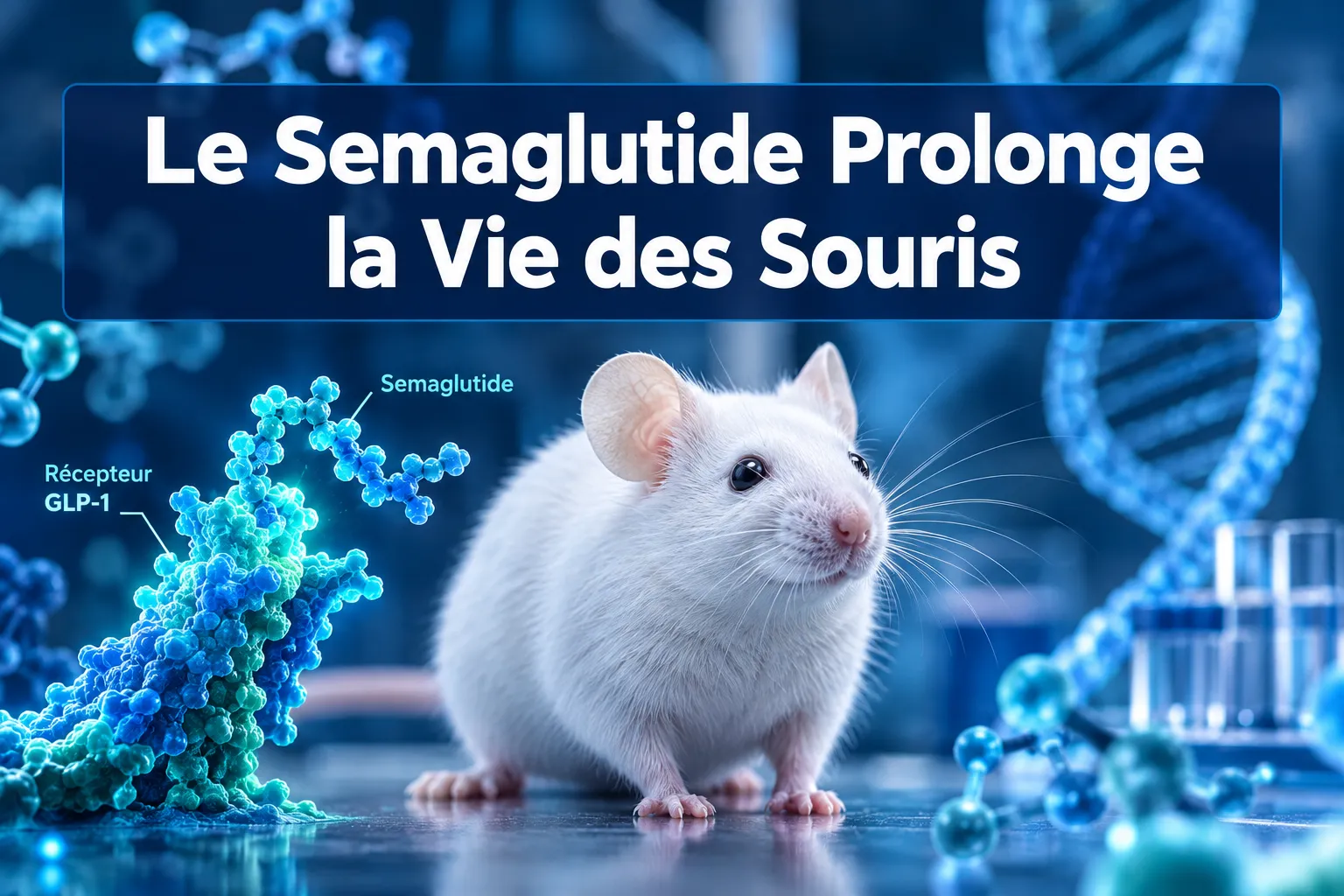 Professional () hero image with French 'Le Semaglutide Prolonge la Vie des Souris' in crisp white on a deep navy