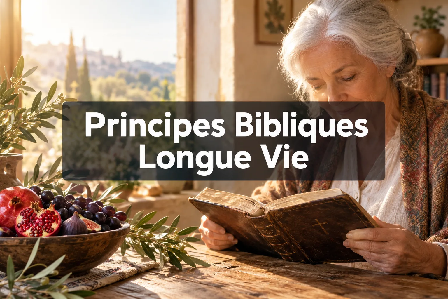 Professional () hero image with French : 'Principes Bibliques Longue Vie' (≤42 chars), crisp white on a semi-transparent