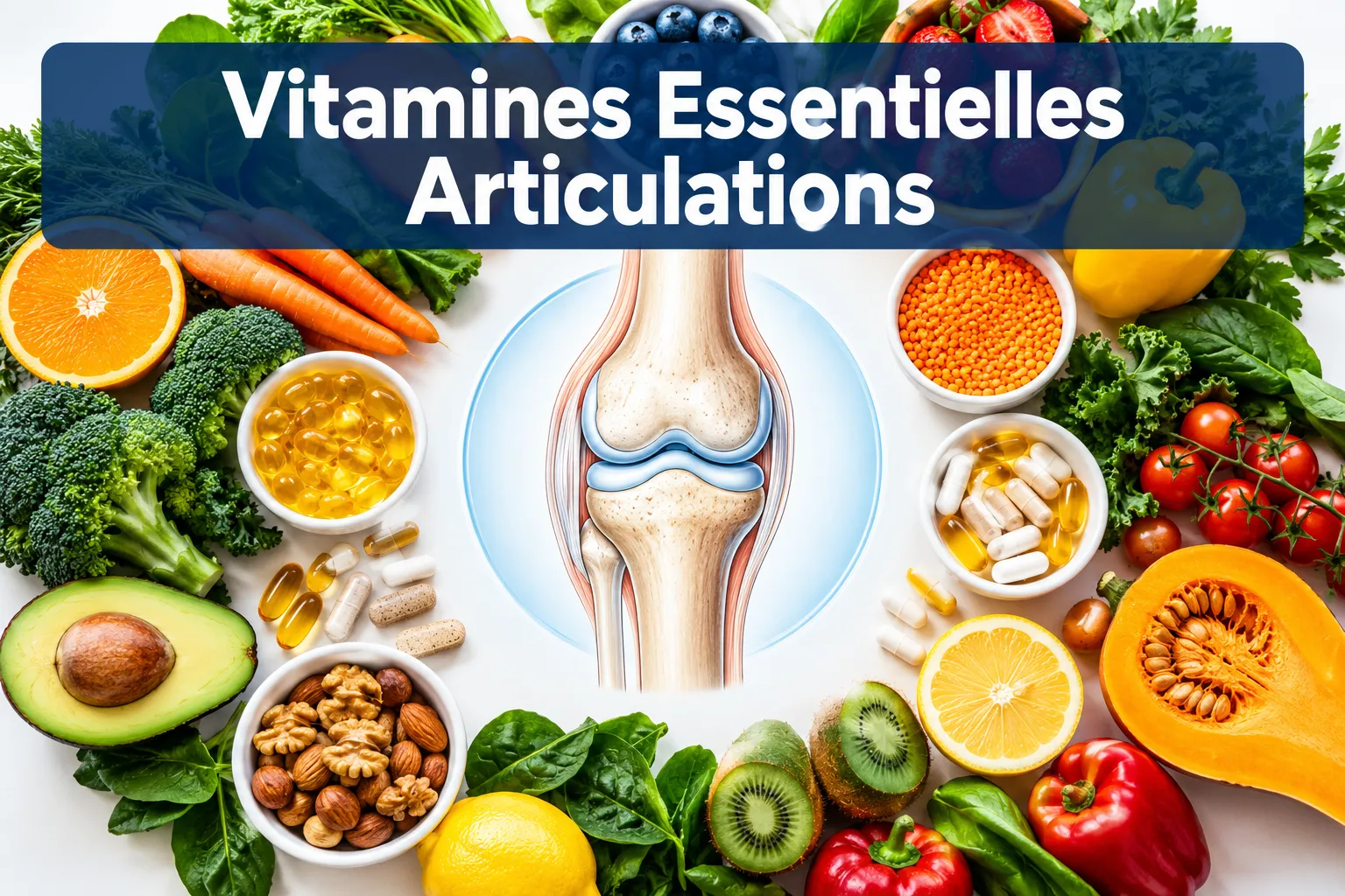Les Vitamines Les Plus Importantes Pour Les Articulations | Santé et bien-être Professional () hero image with in French: 'Vitamines Essentielles Articulations' (≤42 chars), crisp white on a