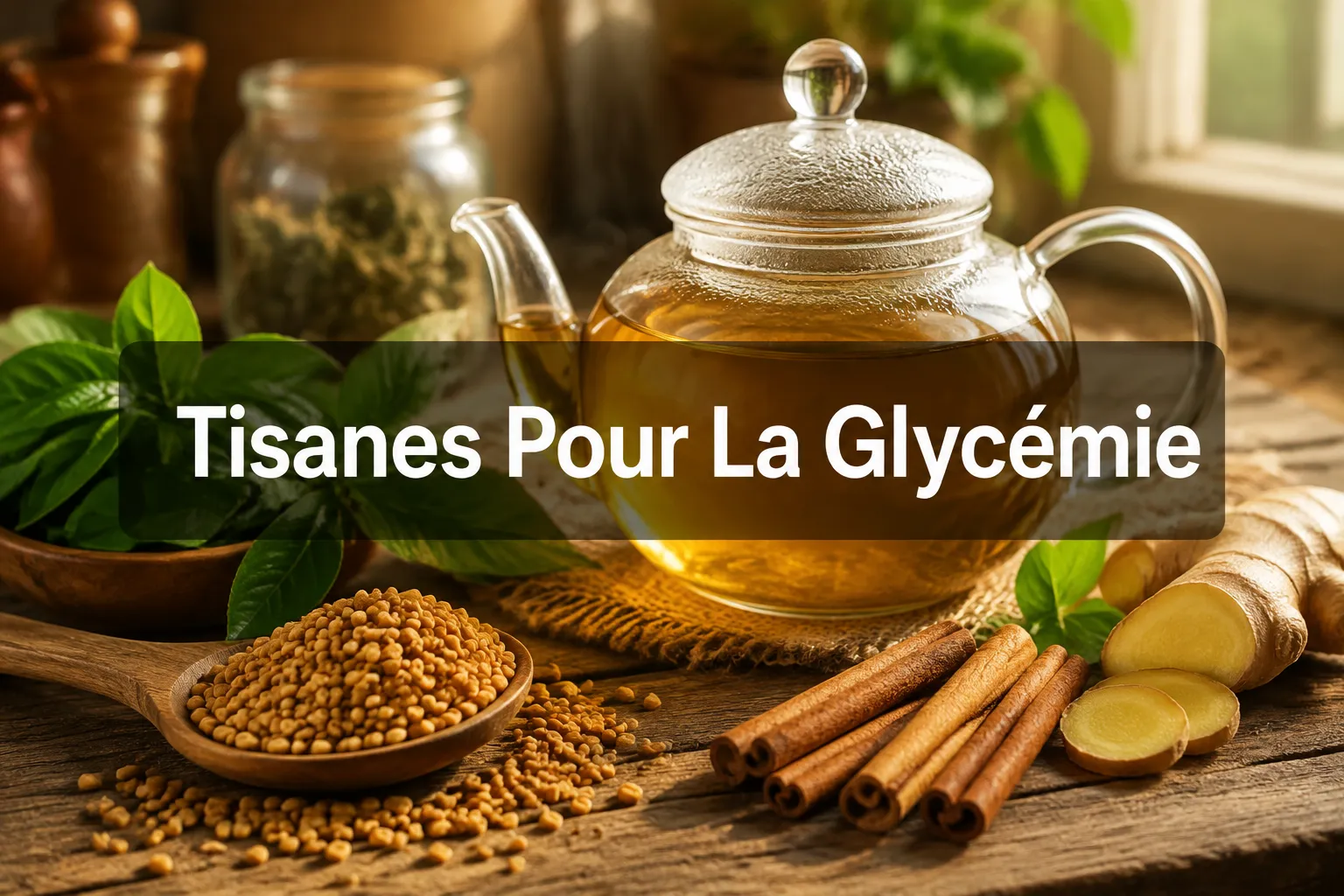 Professional () hero image with 'Tisanes Pour La Glycémie' (≤42 chars) in crisp white on a semi-transparent dark panel,