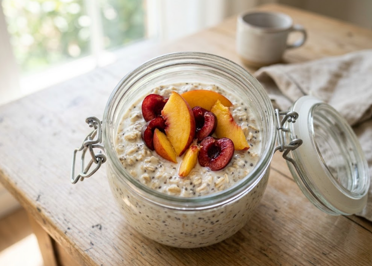7 Petits-Déjeuners Protéinés Pour Commencer la Journée | Santé et bien-être Overnight oats au fromage blanc peche et cerises