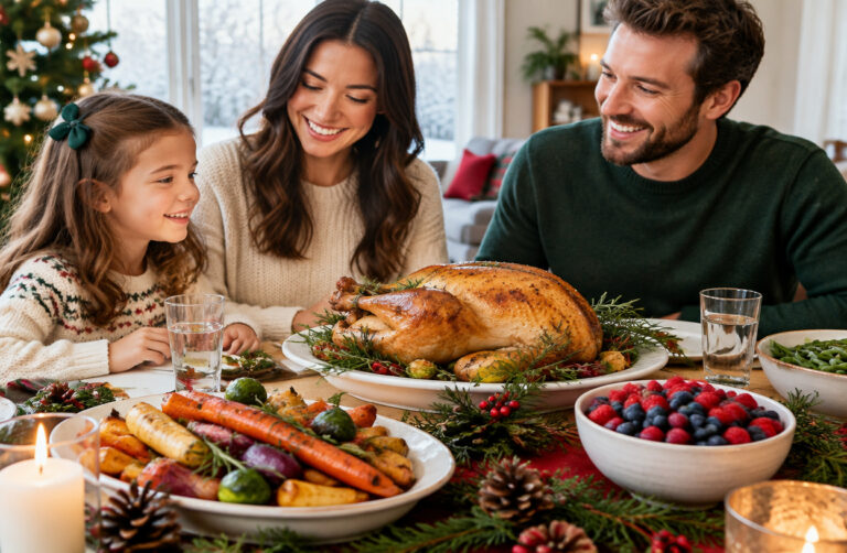 Stabiliser sa glycémie durant les fêtes de fin d’année | Santé et bien-être A healthy festive meal with roasted vegetables, turkey, and fresh berries on a decorated table.